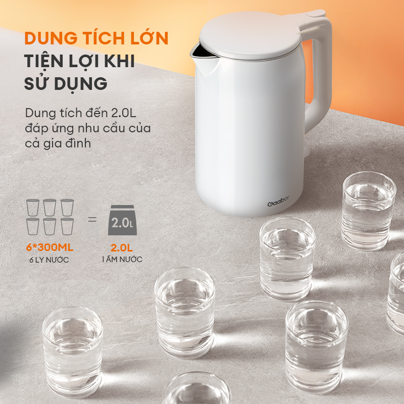 Bình đun nước siêu tốc 2L công suất 1500W cao cấp  EK20M-WH01A thương hiệu Gaabor - Hàng chính hãng