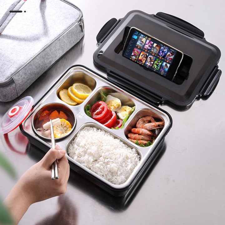 Cà men đựng cơm giữ nhiệt dạng khay với 5 ngăn riêng biệt chất liệu inox 304 cao cấp - Bộ dụng cụ ăn trưa văn phòng thông minh kiêm giá đỡ điện thoại