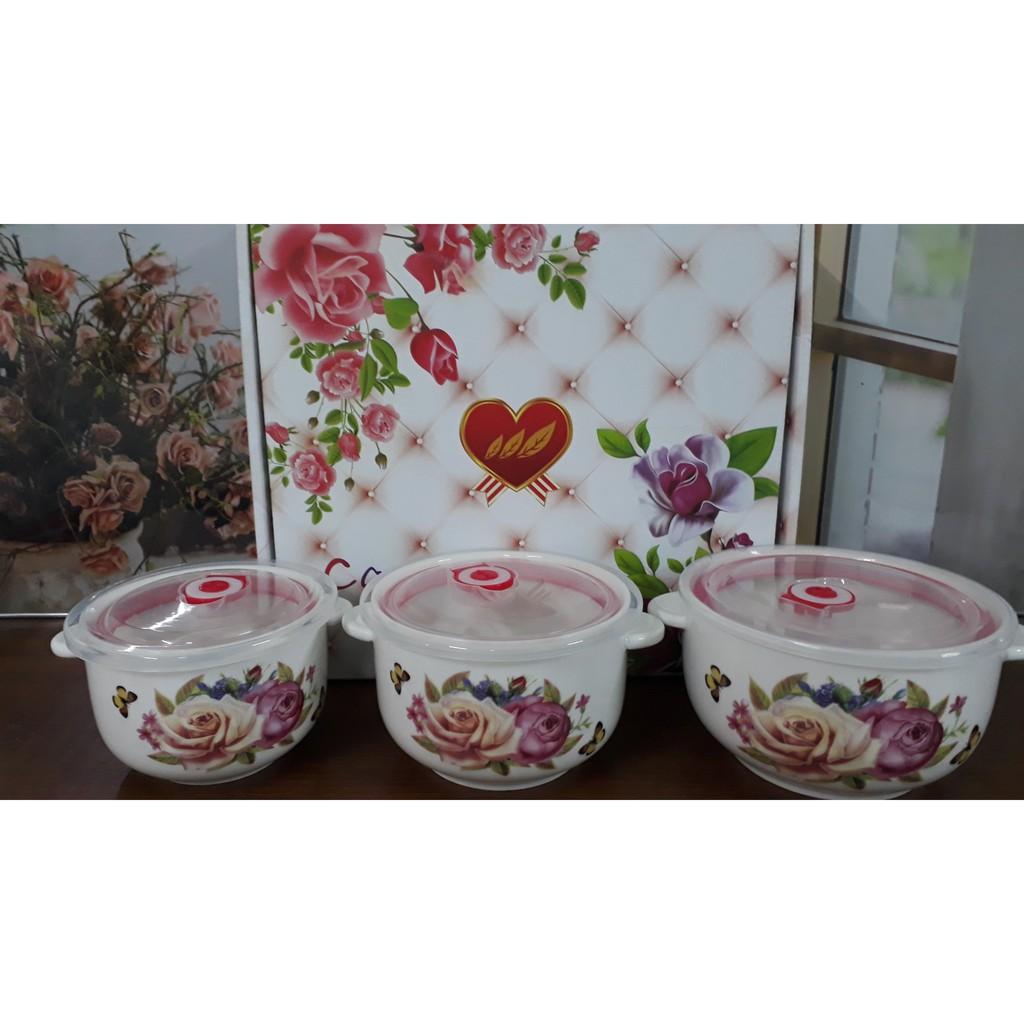 Bộ 3 Bát Sứ Lạnh Có Nắp Tiện Dụng