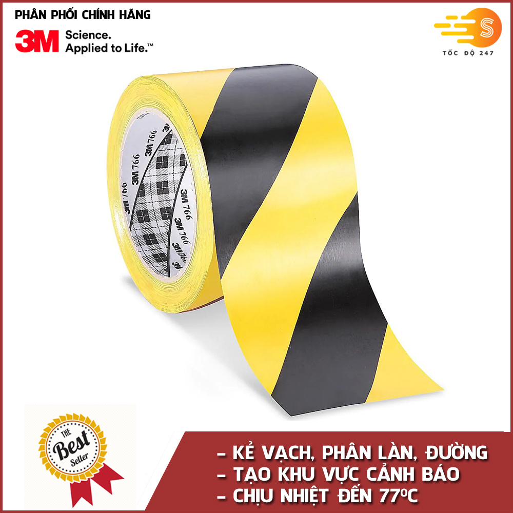 Băng keo dán nền chịu nhiệt sọc vàng đen 50mm x 33m 3M 766 - phân chia khu vực, cảnh báo nguy hiểm