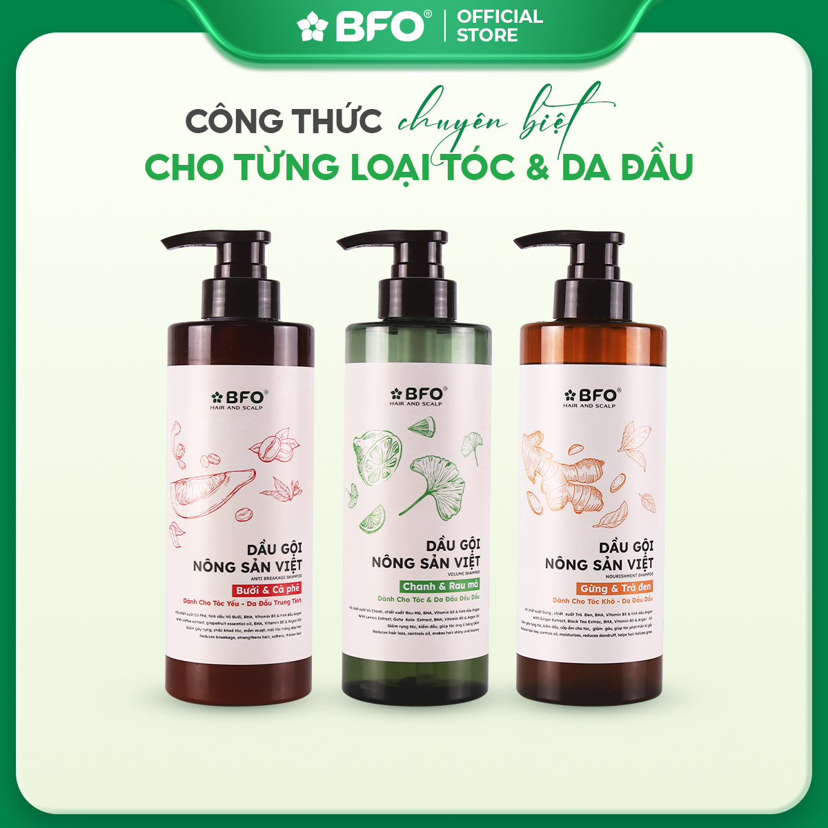 Combo Dầu Gội &amp; Dầu Xả Chiết Xuất Nông Sản Việt Gừng, Bưởi, Chanh 500ml | Làm Sạch, Nuôi Dưỡng Da Đầu, Tự Hào Hàng Việt - Gừng &amp; Trà đen