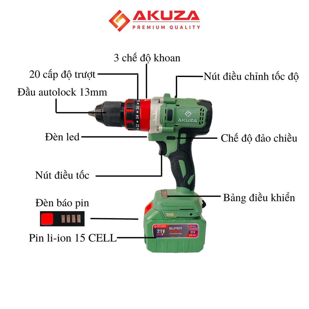 Máy khoan pin 15 cell Akuza đầu auto lock 13mm không chổi than có búa - Máy khoan tắc động siêu khoẻ, siêu bền