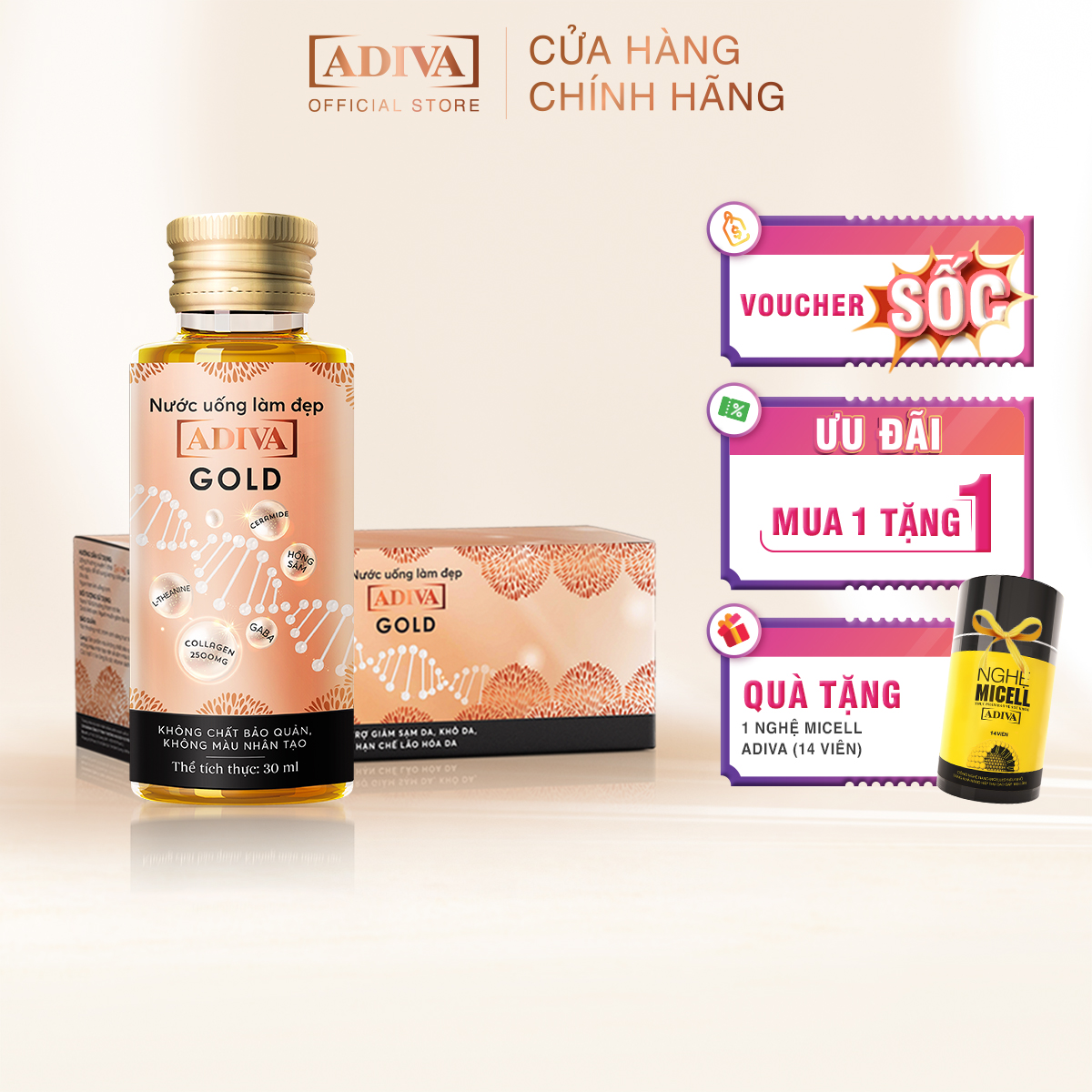 Nước Uống Làm Đẹp Collagen ADIVA Gold 14 Lọ Tặng 1 Hộp Nghệ Micell ADIVA 14 Viên