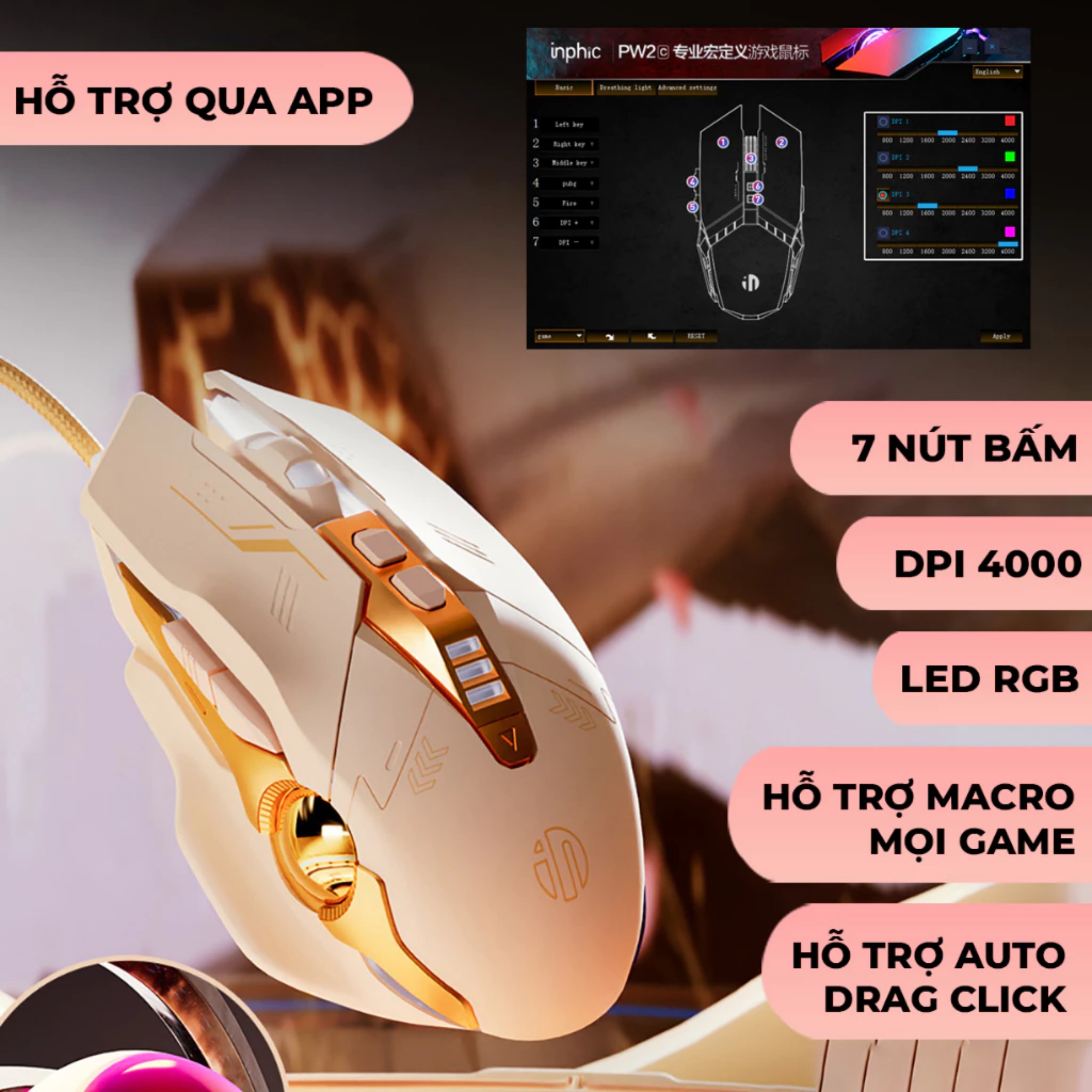 Chuột máy tính gaming TEKKIN W5P màu trà sữa có dây silent LED RGB 4000 dpi cho máy tính vi tính laptop chơi game pc - hàng chính hãng