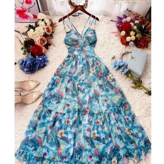 Đầm Maxi Đi Biển Hai Dây Lụa Hoa Kèm Mút Cho Nàng Bung lụa Sống Aỏ