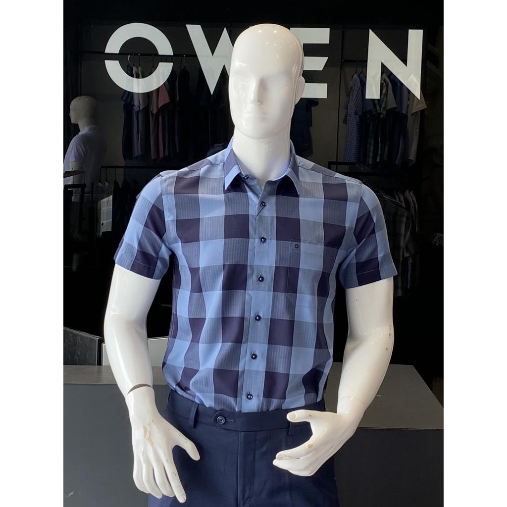 OWEN - Áo Sơ mi ngắn tay Owen vạt ngang chất sợi tre kẻ ca rô xanh 220046