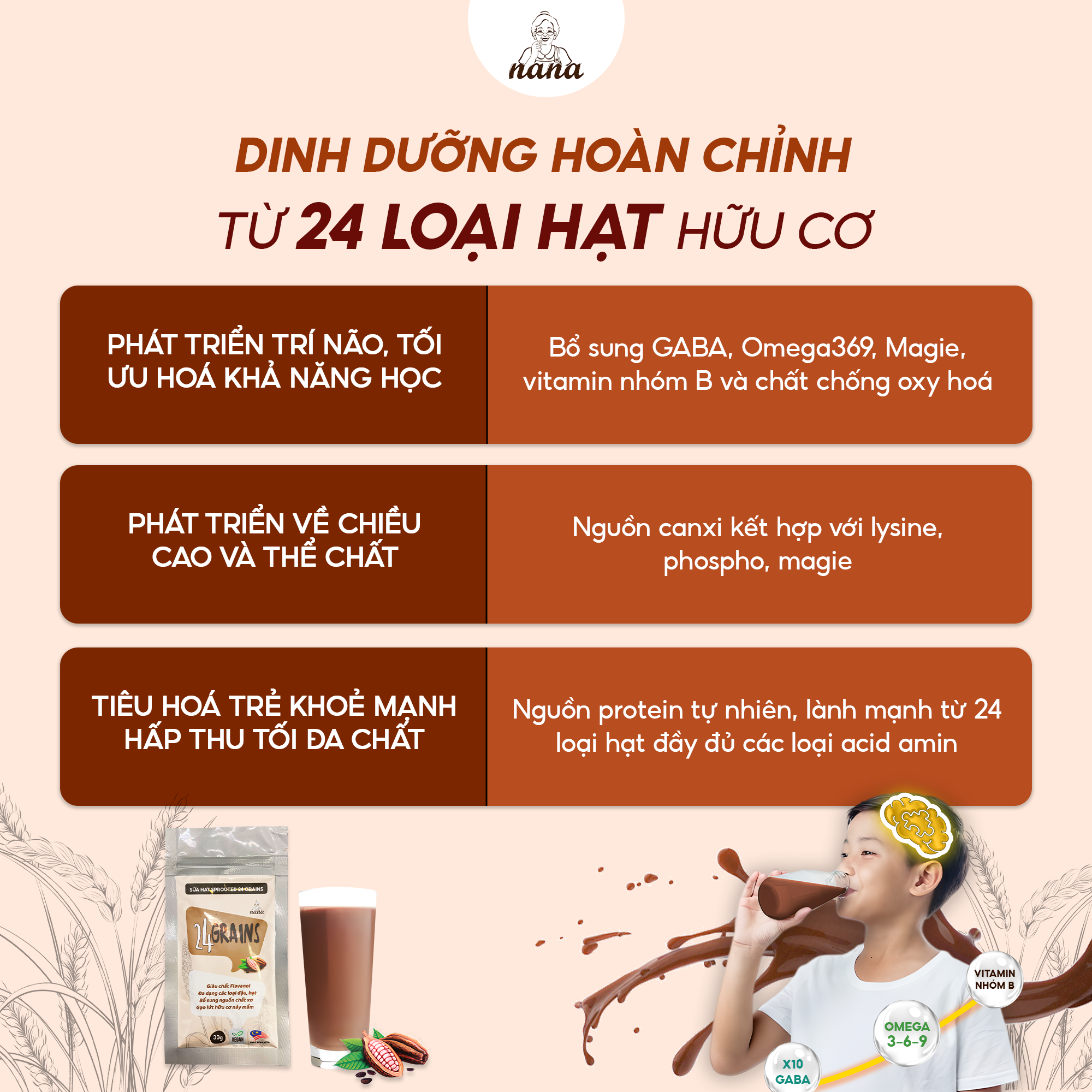 Sữa Gạo Lứt Hữu Cơ Nảy Mầm 24Grains Gói 30g Vị Socola Tự Nhiên Cho Trẻ Từ 3 Tuổi Sữa Hạt Dinh Dưỡng Phát Triển Não Bộ