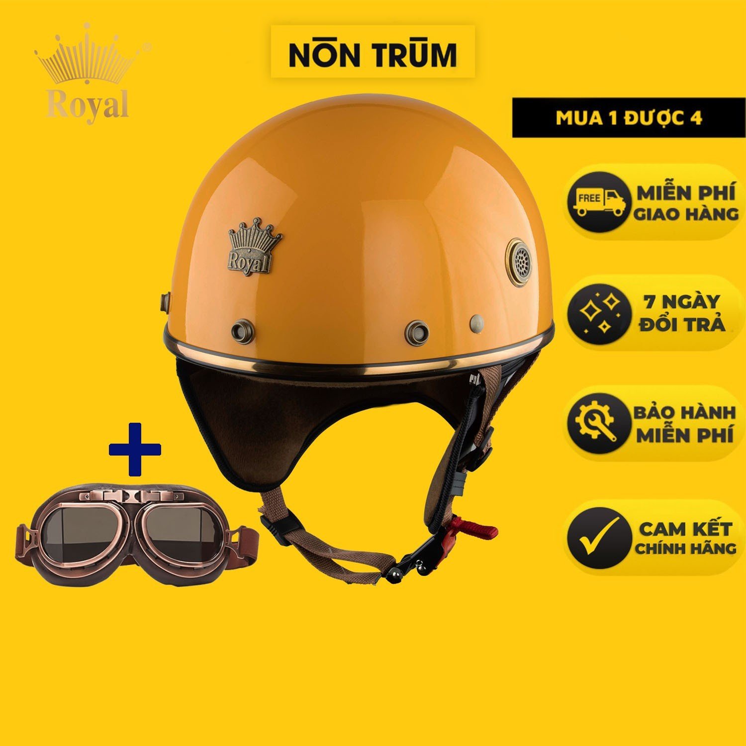 Mũ bảo hiểm xe máy 1/2 Royal M379 có đệm da kèm kính phi công đồng cao cấp đi xe máy -Nón Trùm