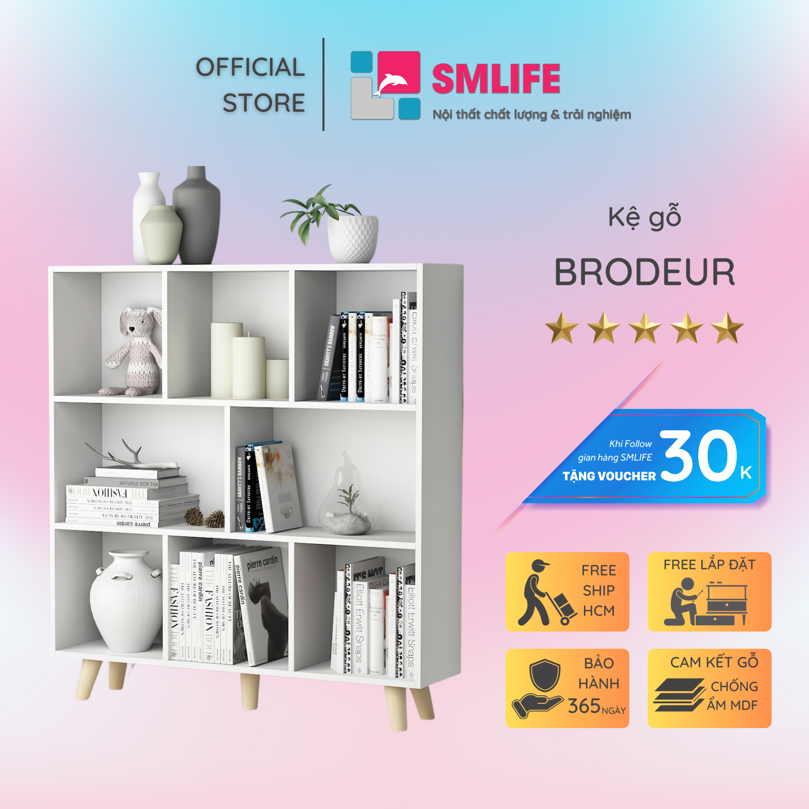 Giá sách bằng gỗ trang trí gia đình SMLIFE Brodeur