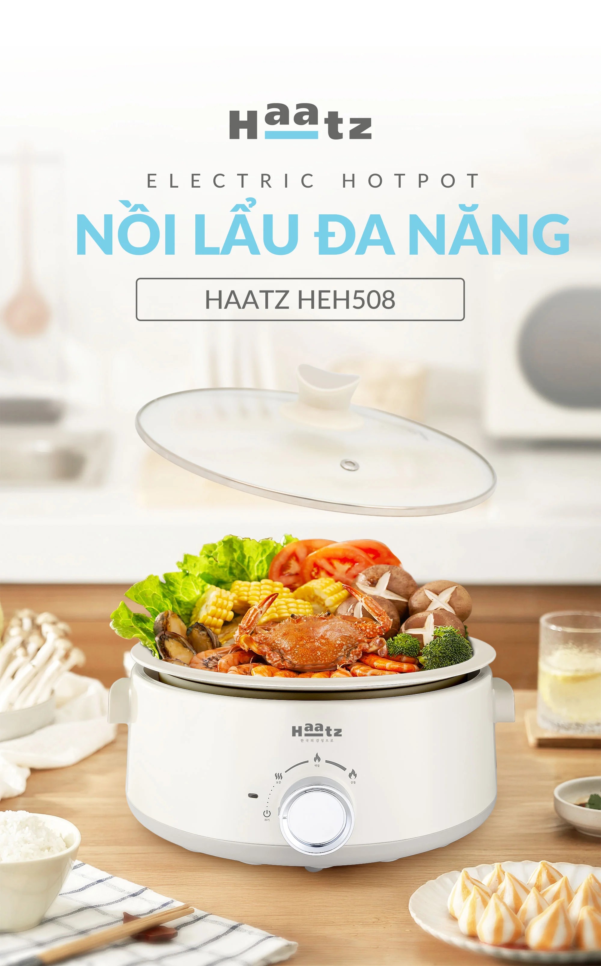(NEW MODEL) Nồi Lẩu Điện Đa Năng 5L Haatz HEH508 Nấu Lẩu Xào Rán, Lòng Gốm Chống Dính Tháo Rời - Hàng Chính Hãng