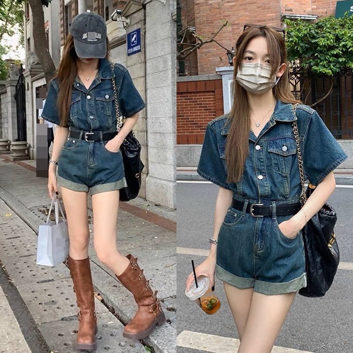 JUMPSUIT NGẮN ĐỒ BAY QUẦN ỐNG RỘNG SUÔNG TRƠN CỔ SƠ MI JEANS PLAYSUITS DENIM BO EO ĐI CHƠI ĐI PHƯỢT DẠO PHỐ  ĐI BIỂN