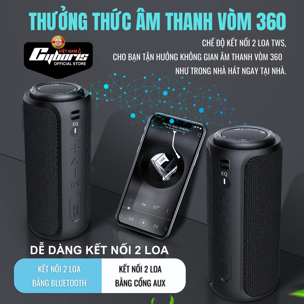 Loa Nghe Nhạc Bluetooth Cyboris S12, Loa siêu Bass, Công suất 30W, Chống nước IPX7, Pin 4000mAh. Hàng Chính Hãng