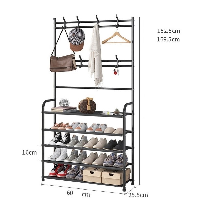 Kệ để giày dép 4 tầng, bên trên có móc treo quần áo, túi xách đa năng tiết kiệm không gian sống, chất liệu khung sắt sơn tĩnh điện, dễ lắp đặt và di chuyển mọi nơi