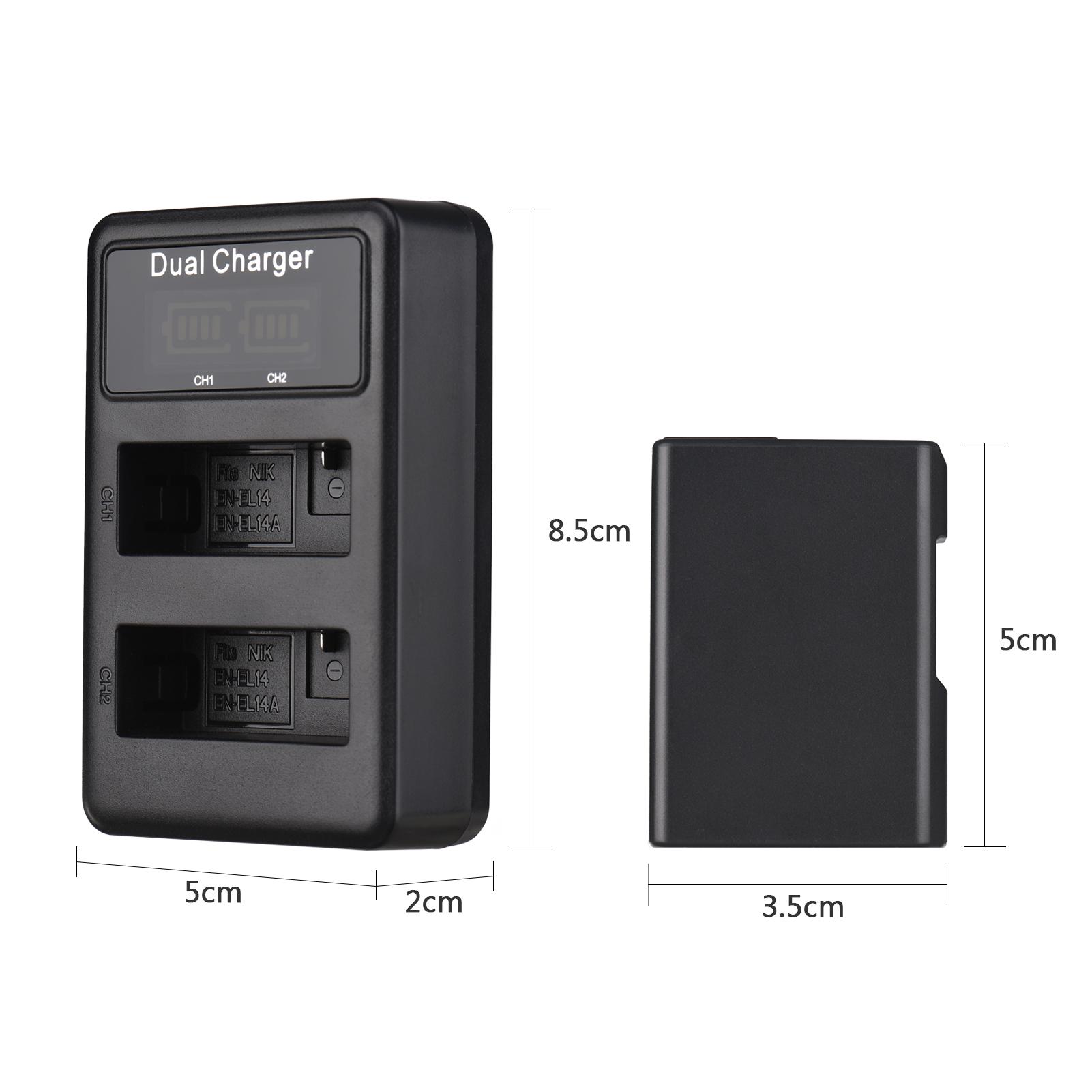 EN-EL14 Battery & Charger Kit 2pcs 7.4V 1500mAh Battery + 1pc Dual Channel Battery Charger LED Screen Display for Nikon