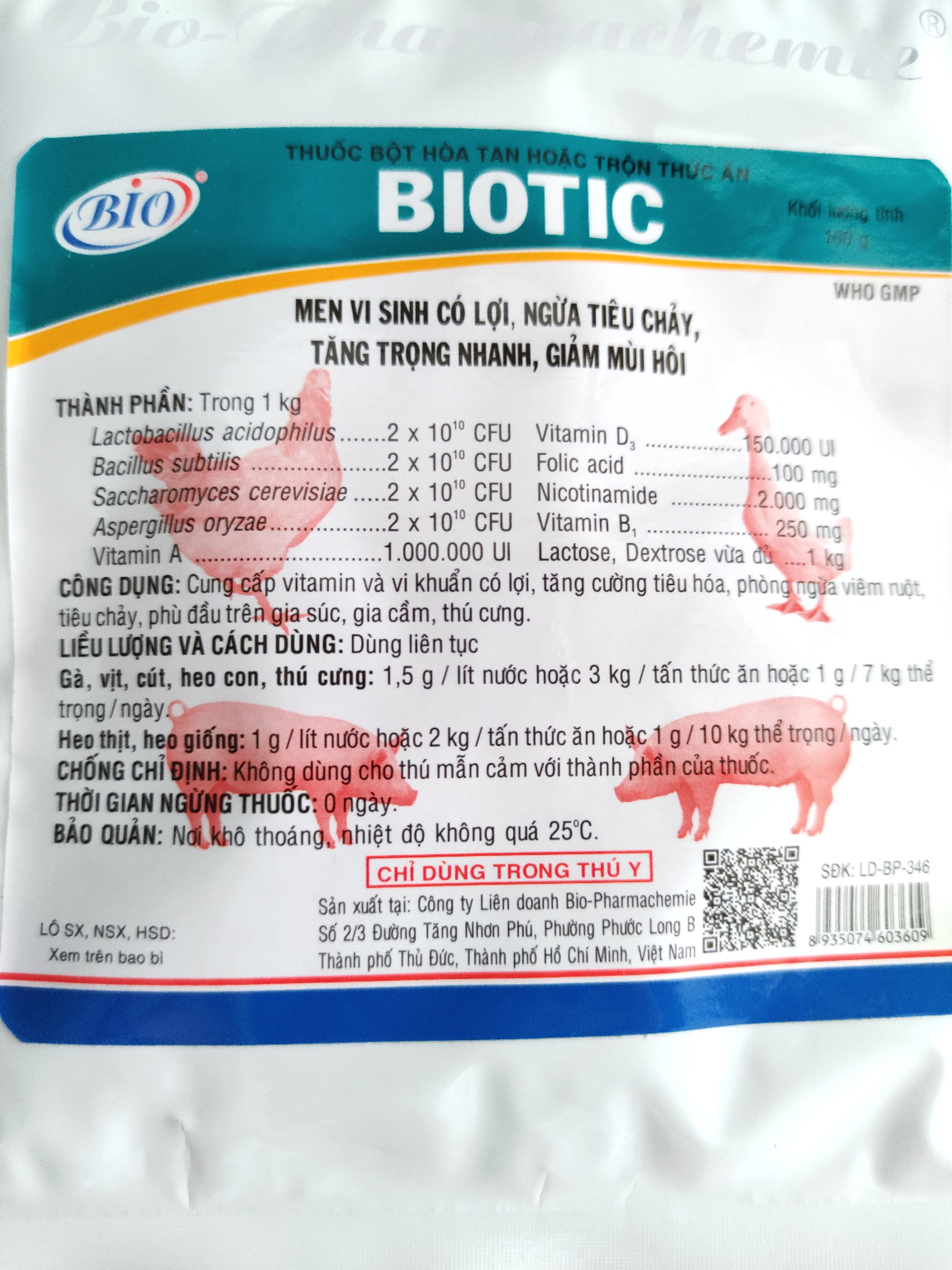 BIOTIC 100G Thuốc bột hoà tan hoặc trộn thức ăn men vi sinh có lợi, ngừa tiêu chảy, tăng trọng nhanh,giảm mùi hôi