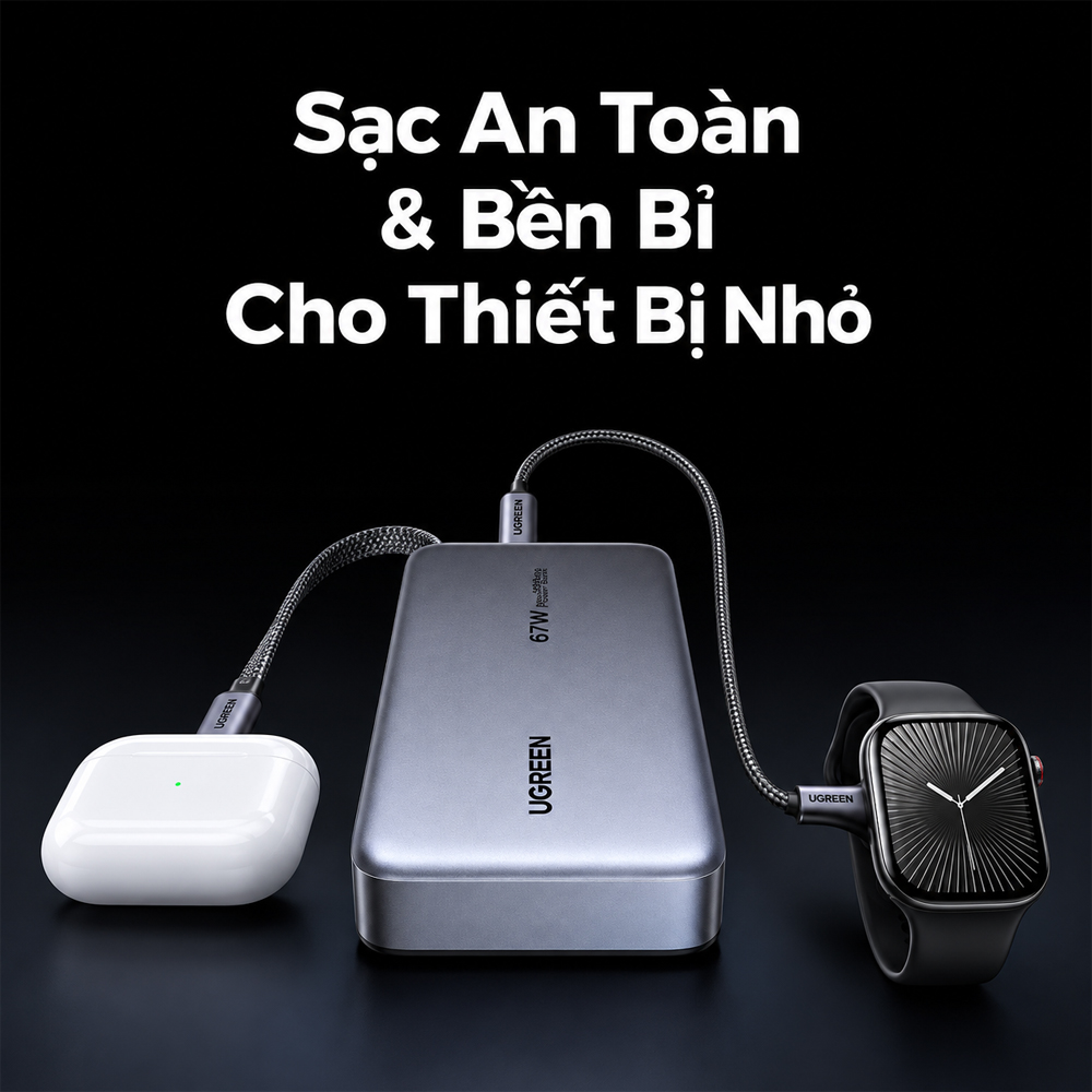 Sạc dự phòng Ugreen Nexode Power Bank Built-In Cable 1USB 1Type-C 67W 20000mAh PB550 85166B - Hàng chính hãng