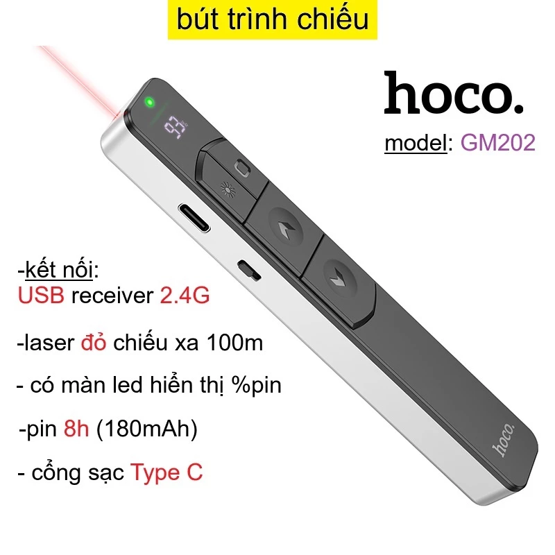 Bút trình chiếu pin sạc lazer đỏ dùng cho thuyết trình cổng sạc Type C dung lượng pin 180mAh Hoco Gm202 _ Hàng chính hãng