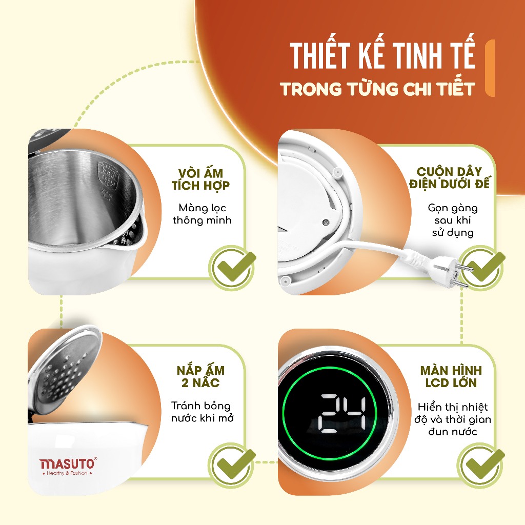 Ấm đun siêu tốc Masuto 1,7L MS Nami 2 lớp, giữ nhiệt, chống bỏng an toàn, inox 304 nguyên khối - Hàng chính hãng