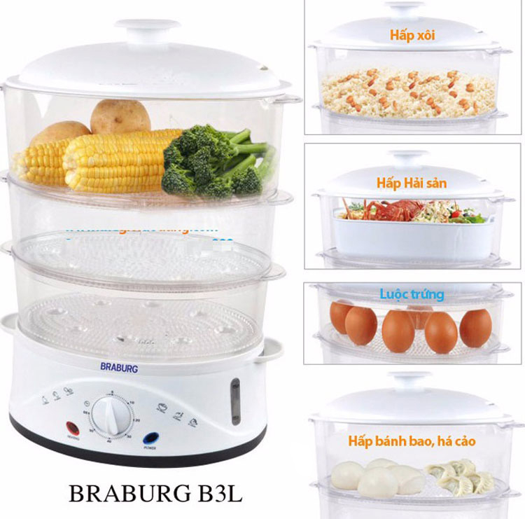 Nồi Hấp 3 Tầng Braburg B3L - Trắng - Hàng Chính Hãng