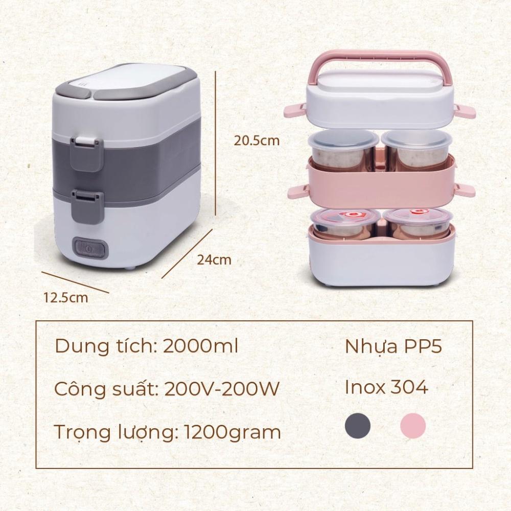 Hộp cơm cắm điện văn phòng 2 tầng 4 khay inox, cặp lồng cơm giữ nhiệt tự nấu chín hâm nóng đồ ăn bảo hành 12 tháng