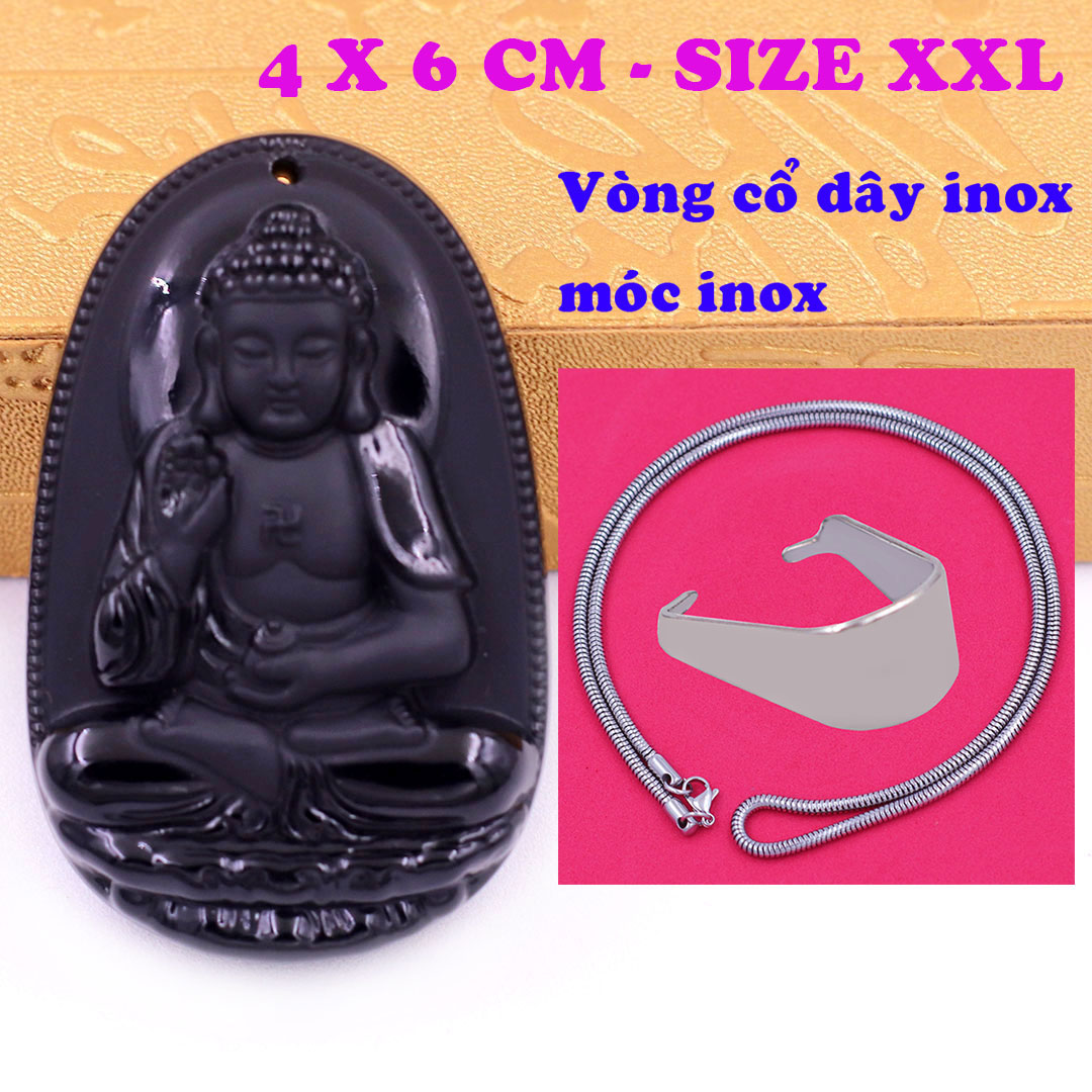 Mặt Phật A di đà đá thạch anh đen 6 cm kèm dây chuyền inox rắn - mặt dây chuyền size lớn - XXL, Mặt Phật bản mệnh
