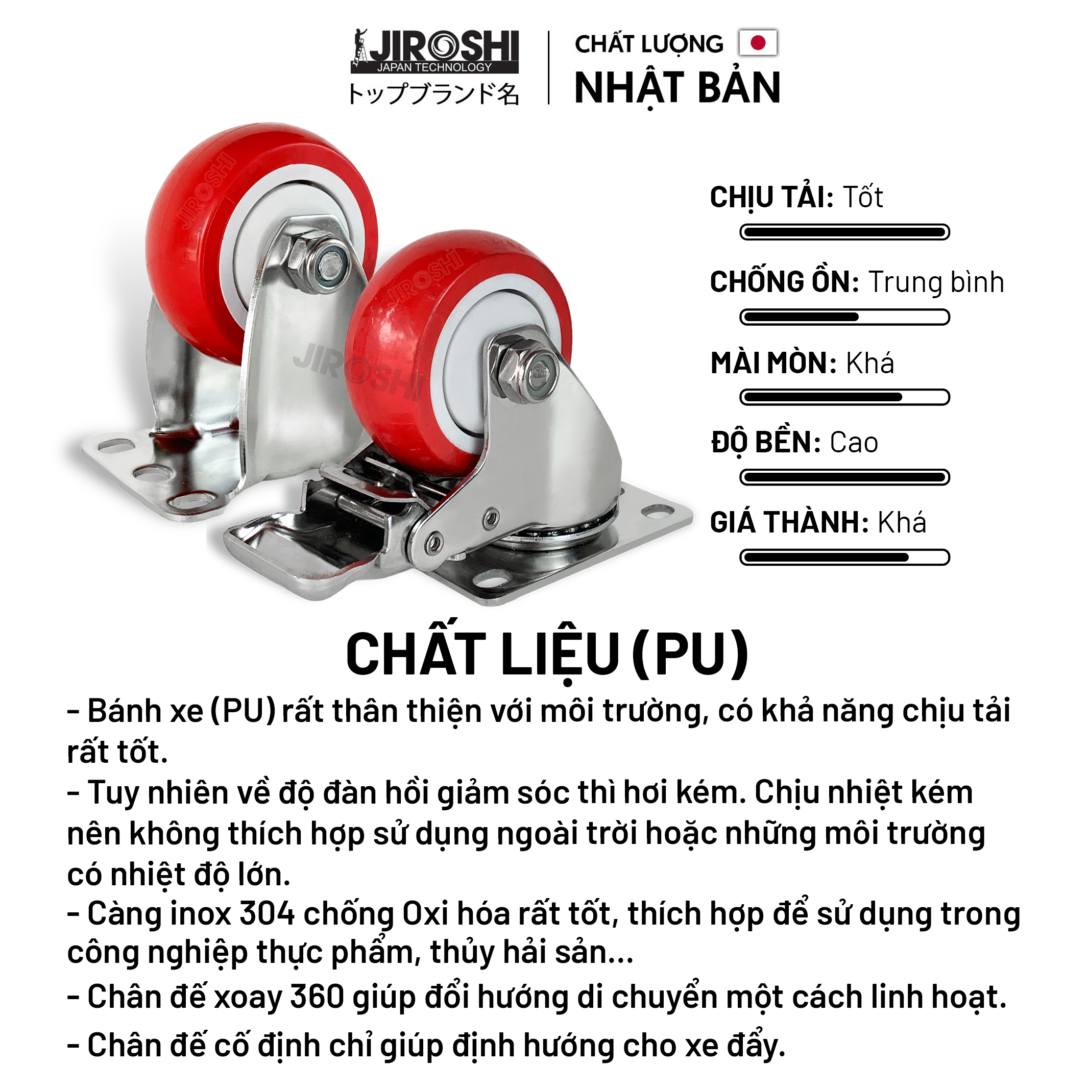 Bánh xe đẩy hàng chịu tải lớn JIROSHI Nhật Bản , Bánh xe nhựa PU Càng chất liệu INOX 304 chống ô xi hóa