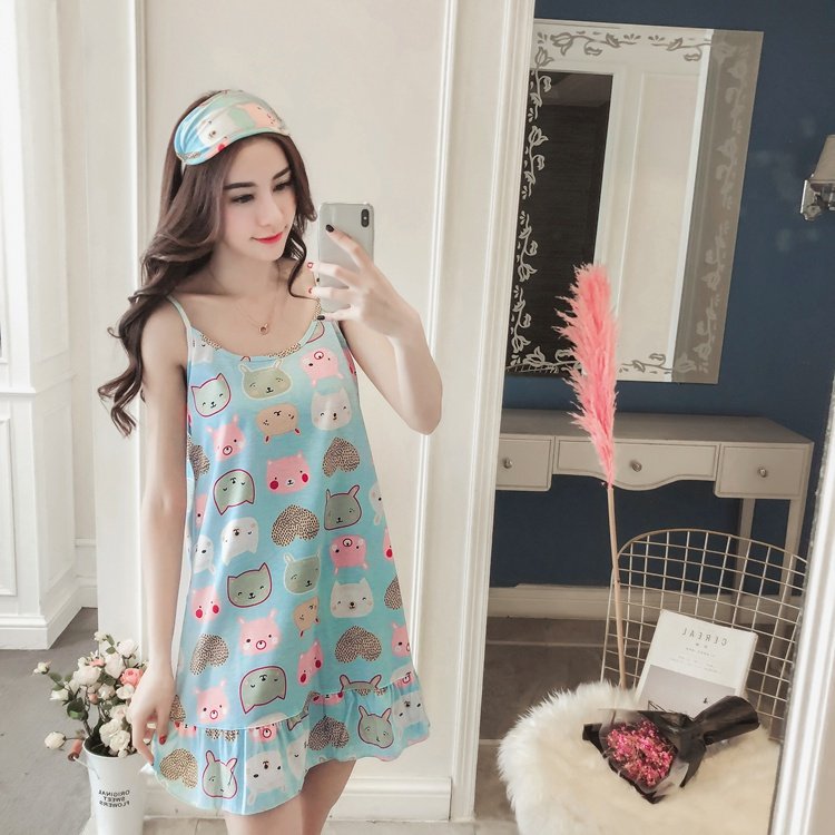 Đầm đuôi cá mặc nhà, đầm ngủ 2 dây họa tiết thú cưng cute AH28