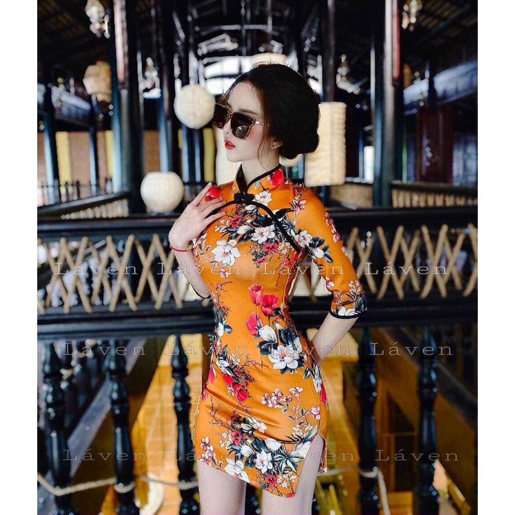 Đầm body cổ tàu tay lỡ hoạ tiết siêu xinh