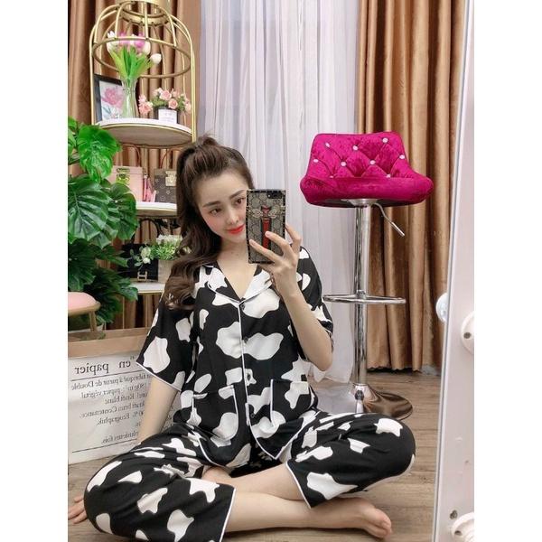 Bộ Piyama Bò Sữa nữ Quần dài Cute RẺ ĐẸP Set Bộ Đùi Mặc Nhà - Satin Lụa Họa Tiết Sang chảnh- HIỀN LINH SHOP SET ĐỒ BỘ NỮ