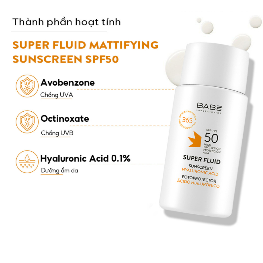 Kem chống nắng phổ rộng dành cho da khô BABE Super Fluid Sunscreen SPF50 50ml