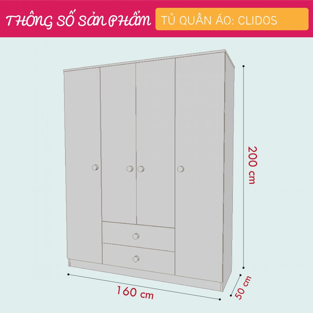 Tủ quần áo gỗ hiện đại SMLIFE Clidos | Gỗ MDF dày 17mm chống ẩm | D160xR50xC200cm