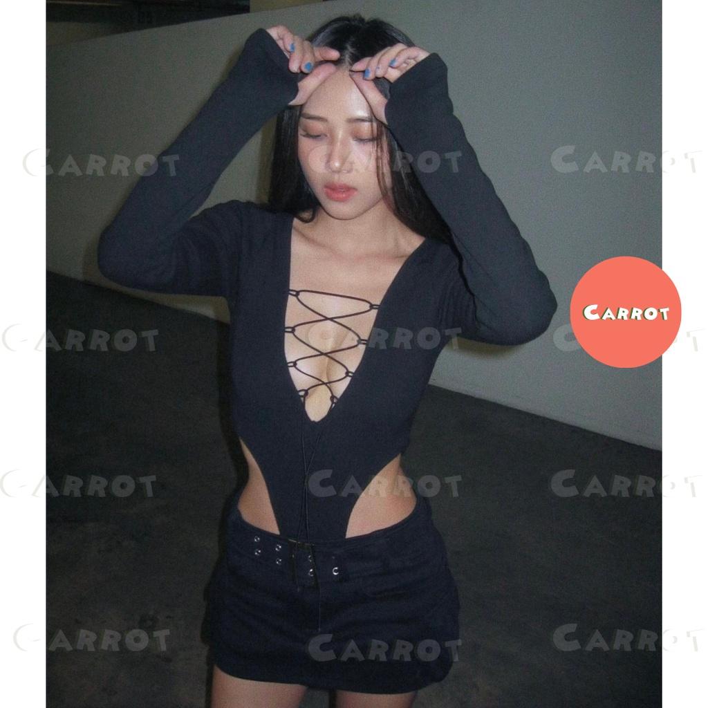 Set đồ nữ đi chơi sang chảnh áo croptop tay dài dây chéo chân váy ngắn đen rút dây tôn dáng ôm body carrotxinhdep