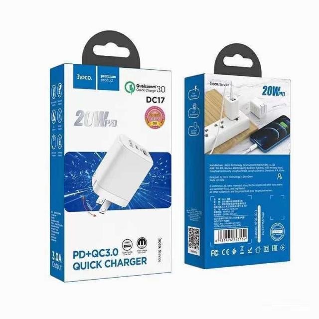 Củ sạc nhanh PD20W Hoco DC17 chuôi dẹt gấp gọn 2 cổng USB/Type-C dành cho mọi thiết bị - Hàng chính hãng