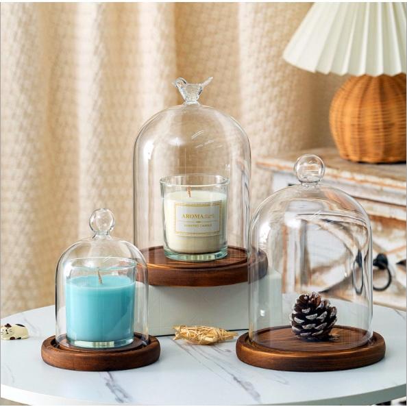 Chụp thủy tinh đế gỗ chống bụi, trang trí trái tim, chim, thỏ, noel - đậy nến thơm Candle Cup, BBW