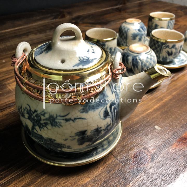 Ấm lẻ men rạn giả cổ bọc đồng gốm sứ