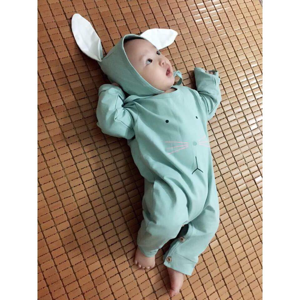 Set Body dài tay thu đông kèm mũ tai thỏ siêu đáng yêu cho bé sơ sinh 0-2 tuổi