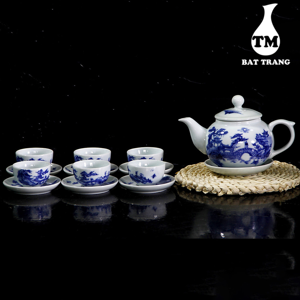 Bộ Ấm Trà Hoa Nhài Men Lam Vẽ Trúc Lâm Thất Hiền, Bộ Ấm Chén Trà Đạo Xưởng Gốm TM