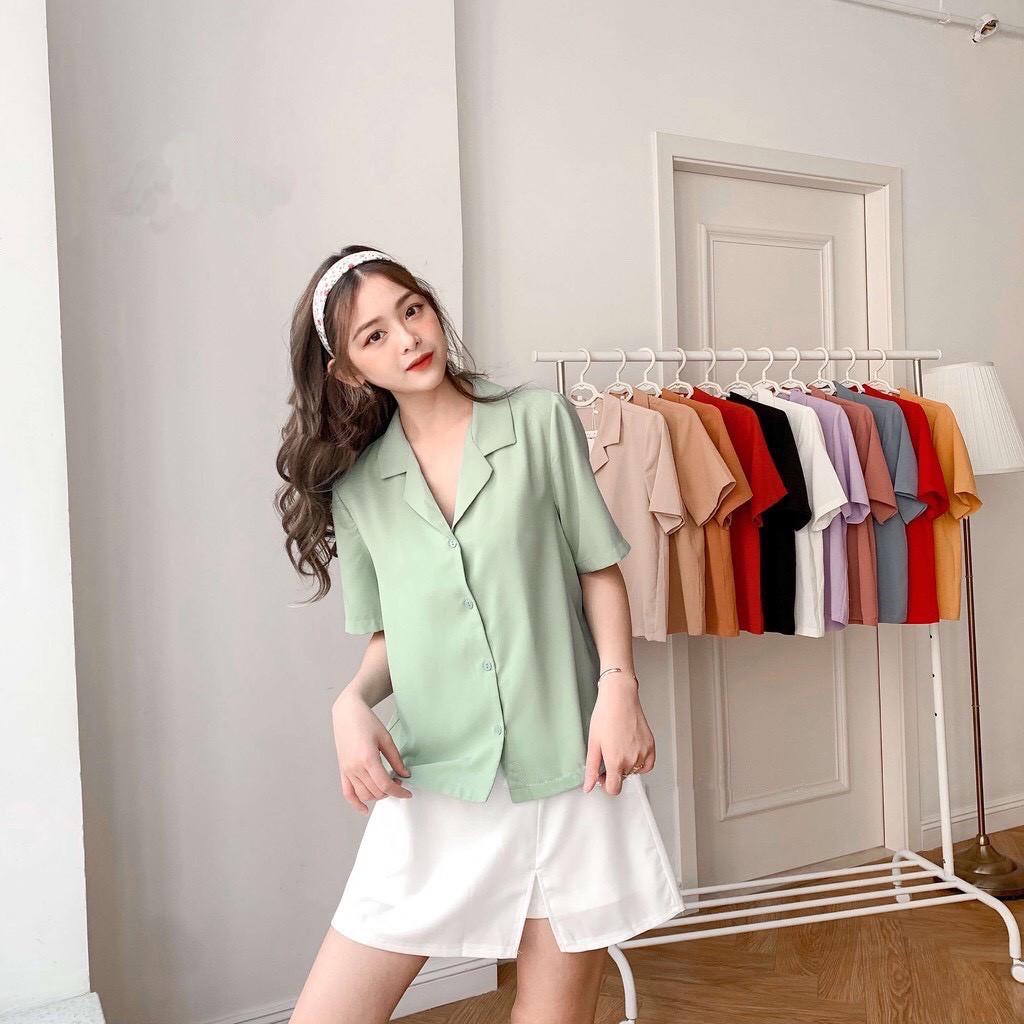 Sơ mi nữ tay ngắn cổ vest tone màu pastel xinh xắn