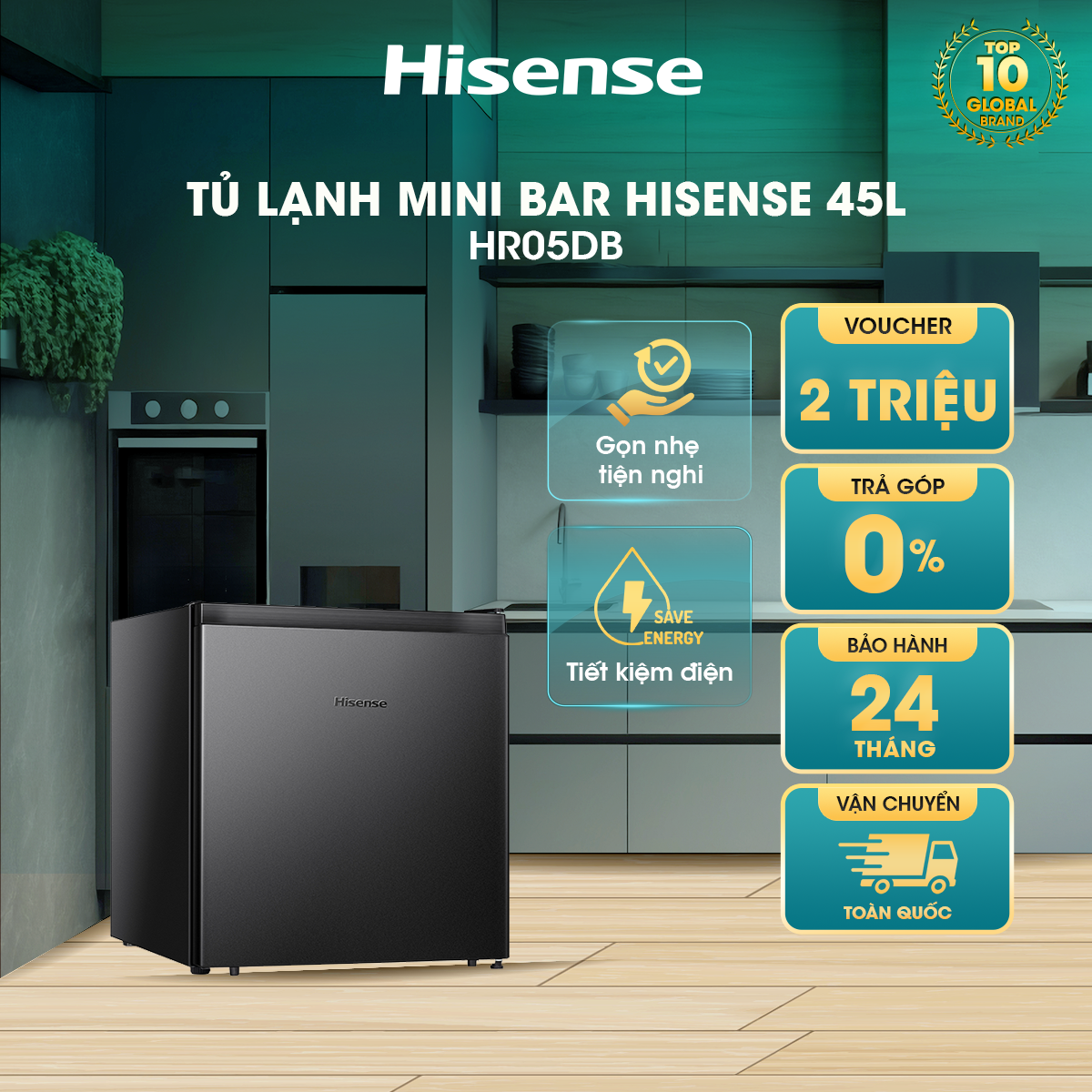 Tủ lạnh Mini Bar Hisense 45 Lít HR05DB tiết kiệm điện, thiết kế gọn nhẹ, bảo hành 24 tháng - HÀNG CHÍNH HÃNG