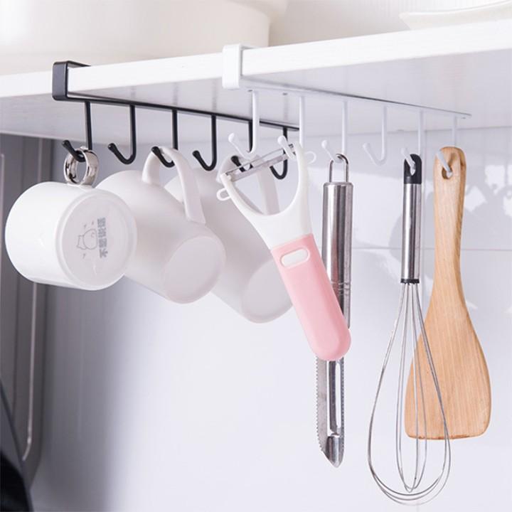 Giá 6 móc treo đồ đa năng, gắn cài kẹp dưới tủ kệ bếp quần áo để cốc ly