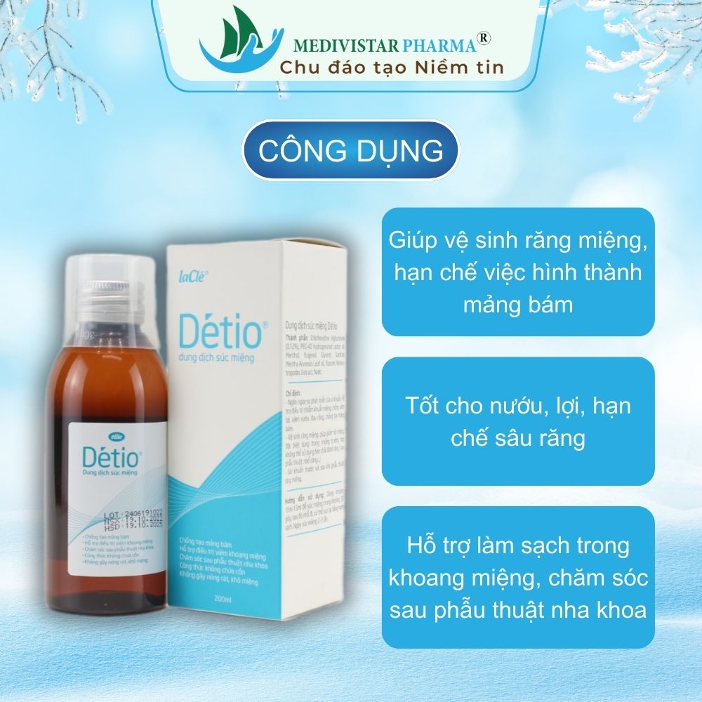 Combo 2 Chai Nước Súc Miệng DETIO Công Nghệ Pháp Sử Dụng Cho Người Hôi Miệng, Chảy Máu Chân Răng, Giúp Vệ Sinh Răng Miệng Sạch Sẽ Toàn Diện Chai 200ml