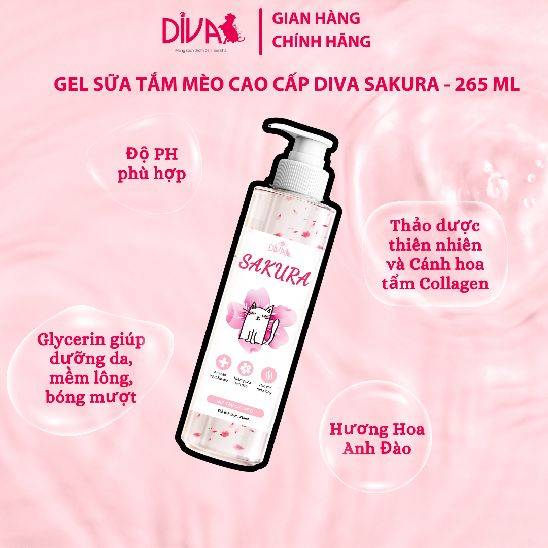 GEL TẮM MÈO COLLAGEN ANH ĐÀO DIVA SAKURA - 265 ML