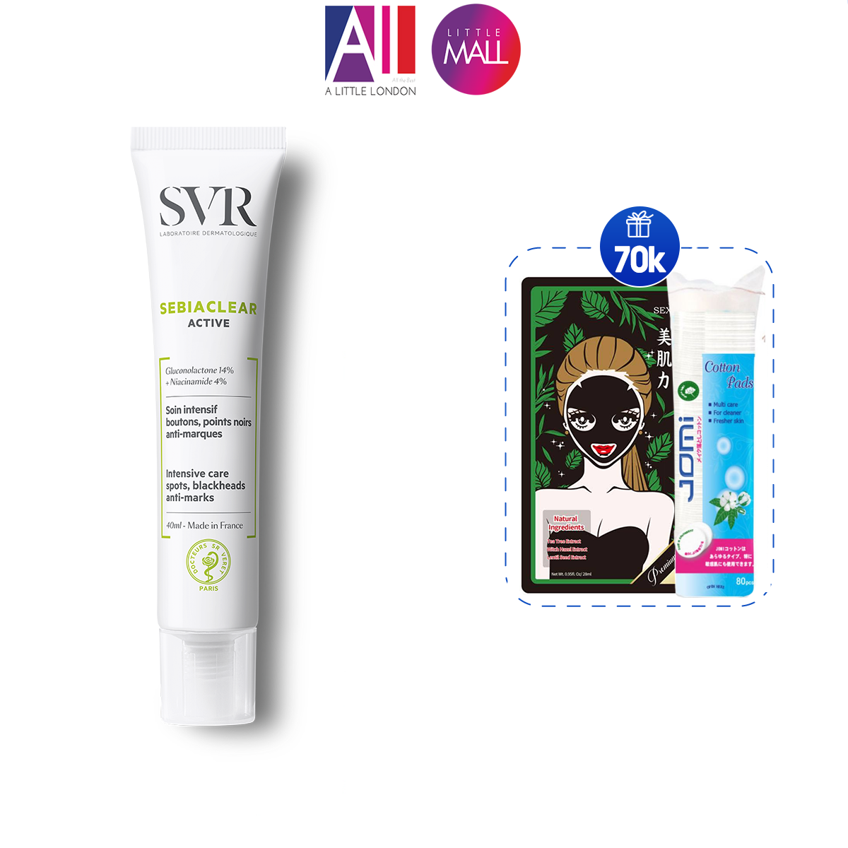Kem giảm mụn và dầu thừa SVR sebiaclear active 40ml TẶNG mặt nạ Sexylook và bông tẩy trang Jomi