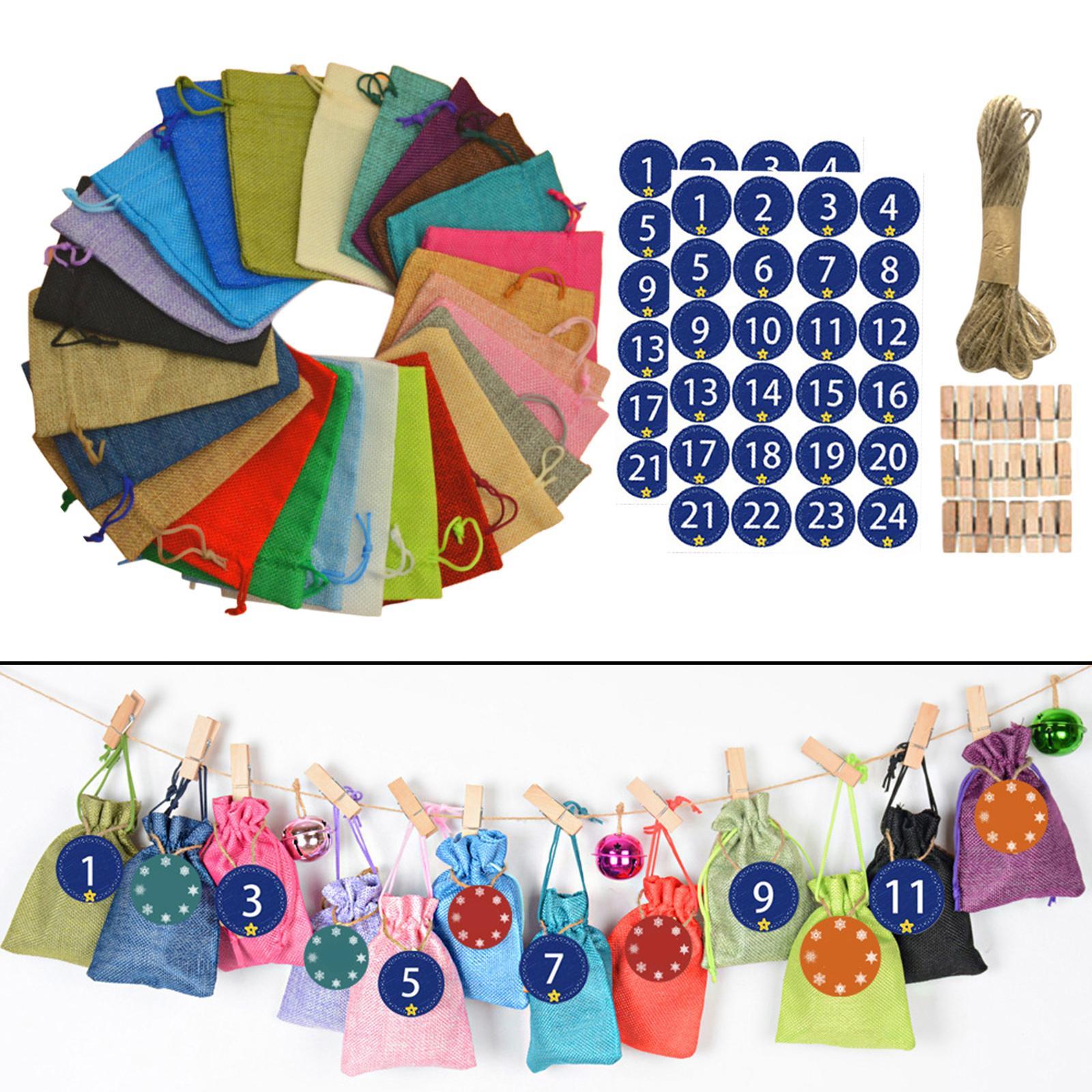 24Pcs 24 Colors Xmas Christmas 24 Days Burlap Candy Gift Bags DIY
