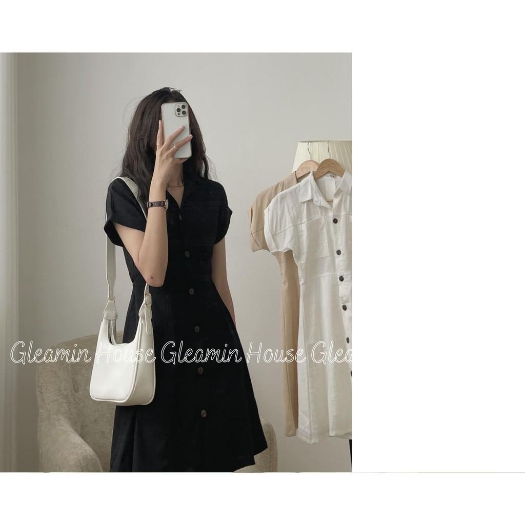 Váy đũi/thô mát túi ngực cổ đức 1 hàng cúc /Đầm linen cổ sơmi suông 3 màu