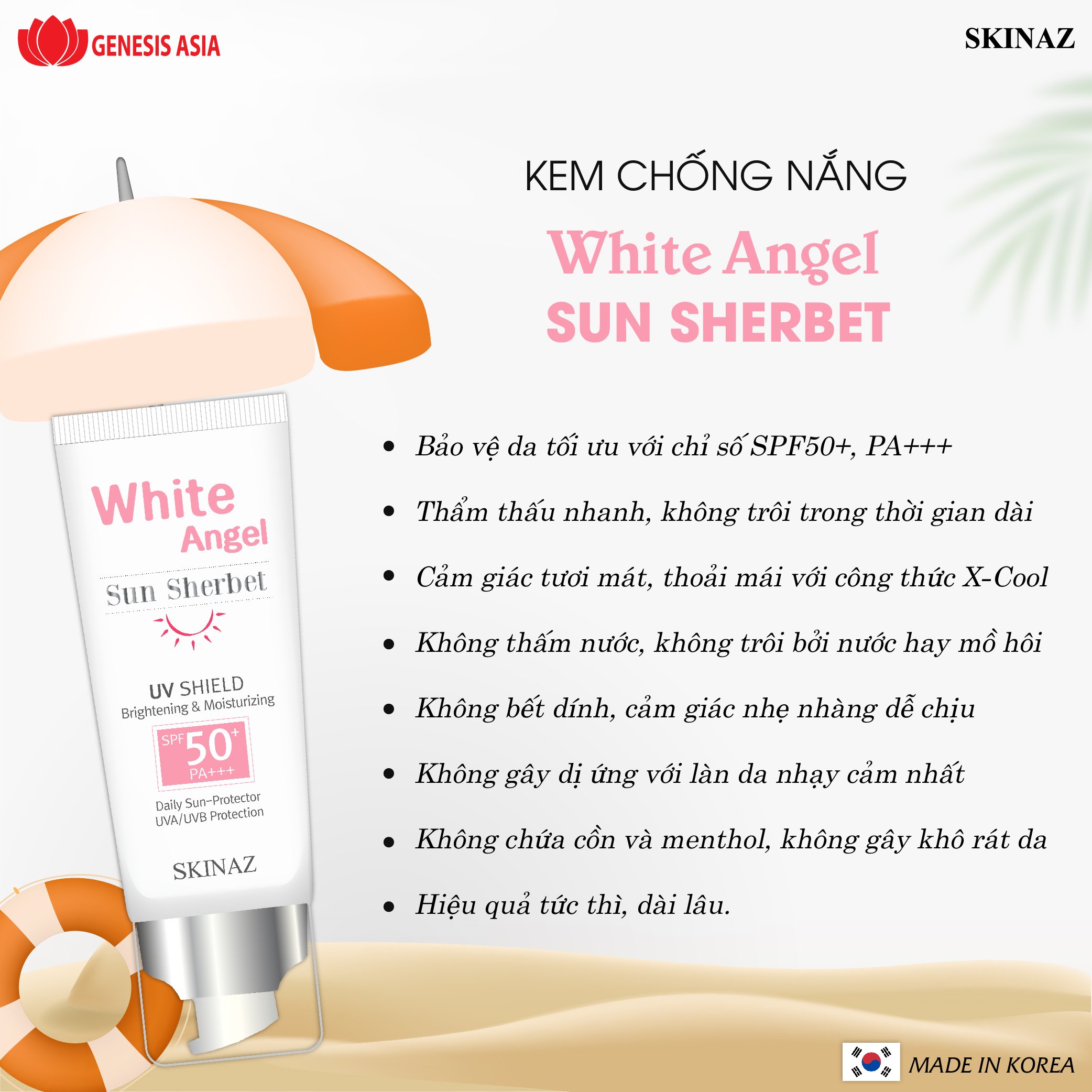 Kem Chống Nắng White Angel Sun Sherbet Skinaz - SPF 50 +, PA +++ Không gây bít tắc lỗ chân lông, tạo cảm giác thoải mái