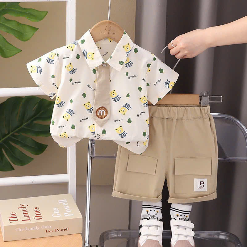 SET ÁO SƠ MI HỌA TIẾT GẤU CÀ VẠT QUẦN ĐÙI KAKI CHO BÉ TRAI 1-5 TUỔI