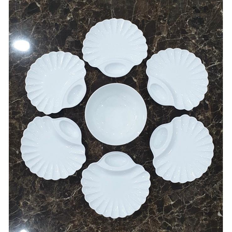 Bộ đĩa sứ trắng hình vỏ sò sẵn ô khay chấm chuẩn sứ Bát Tràng