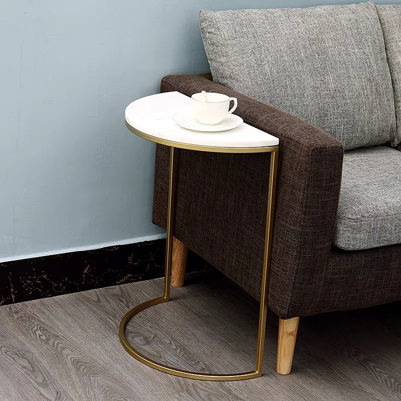 Bàn trà sofa mặt đá trắng hình bán nguyệt, khung kim loại sơn tĩnh điện dùng làm nội thất phòng khách S2