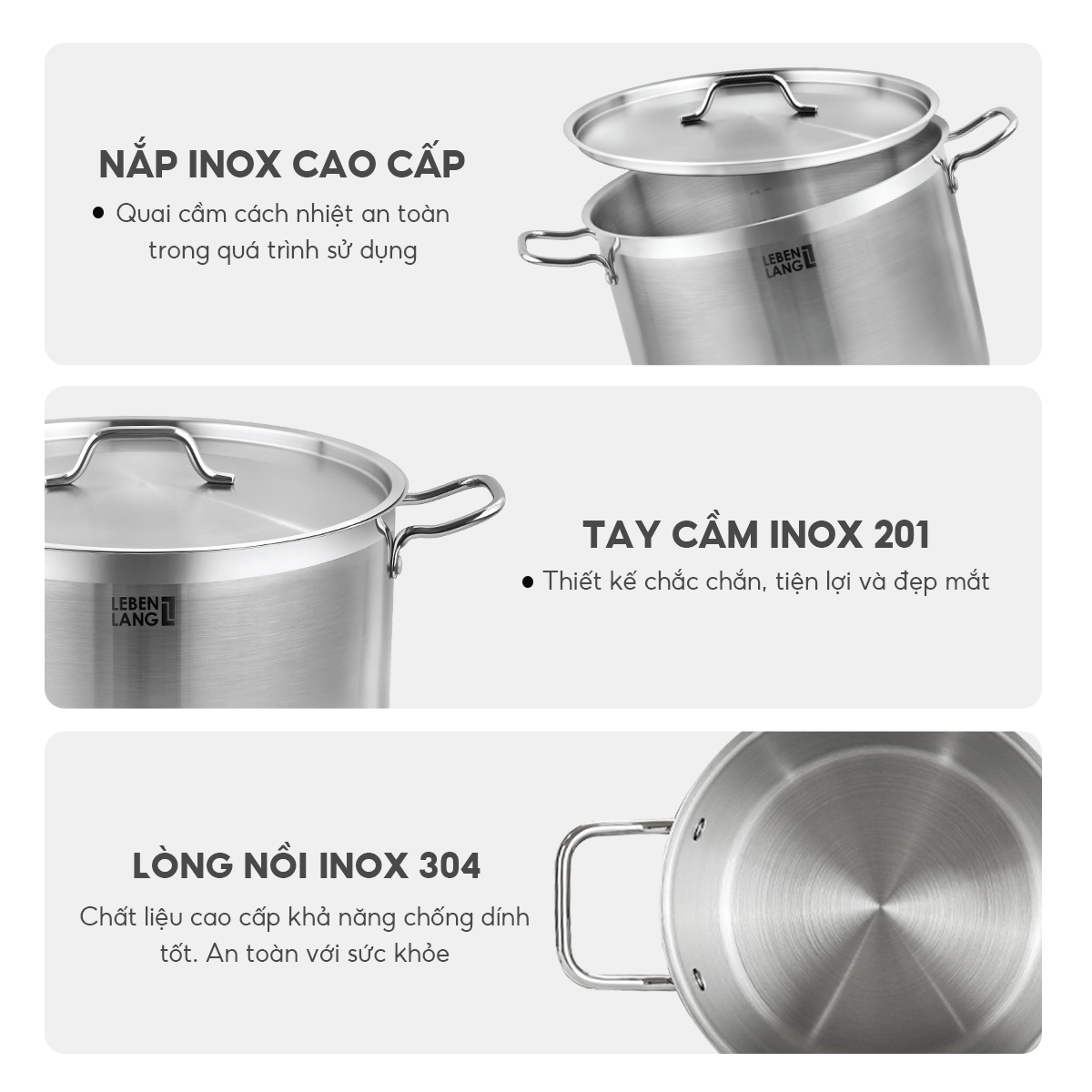 Nồi inox 304 nắp inox đáy 3 lớp Lebenlang LBL2535 và LBL2536, size 26, 30cm, dùng cho mọi loại bếp - hàng chính hãng